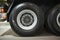 MOSCOW, SEP, 5, 2017: View on Volvo truck wheels and tires. Truck wheel rim. Truck chassis exhibit on Commercial Transport Exhibit