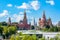 Moscow skyline with Cathedral of Vasily the Blessed Saint Basil`s Cathedral and Spasskaya Tower on Red Square, Russia