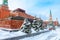 Moscow in snowy winter, Russia. Lenin`s Mausoleum by Moscow Kremlin on Red Square under snow. Mausoleum is a famous landmark of