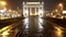 Moscow Triumphal gate at night Street with trams.