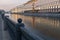 Moscow view with old embankment fence at Obvodnoy canal and renovated buildings. Russia. Selective focus