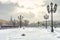 Moscow in winter, Russia. Snowy Manezhnaya Square near Moscow Kremlin