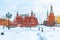 Moscow in winter, Russia. Snowy Manezhnaya Square overlooking Moscow Kremlin, top landmark of city