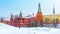 Moscow in winter, Russia. Snowy Manezhnaya Square overlooking Moscow Kremlin, top landmark of city