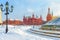 Moscow in winter, Russia. View of the snowy Manezhnaya Square, tourist attraction of the city. Panorama of the Moscow center