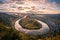 The Moselle loop in the morning, sunrise in the vineyards, taken from the summit with a view of the valley, Germany, wine