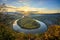 The Moselle loop in the morning, sunrise in the vineyards, taken from the summit with a view of the valley, Germany, wine