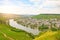 Moselle Valley Germany: View from Landshut Castle to the old town Bernkastel-Kues with vineyards and river Mosel in summer