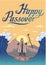 Moses separates sea for Passover holiday over mountain background. Exodus, Pesach card design template with lettering