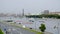 Moskow, Russia, August 30, 2020, Capital city and watercraft boats sail along Moskva river