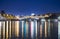 Moskva River, Andreyevsky Bridge in the light of night colored lights. Moscow, Russia