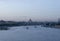 Moskva river blue dusk landscape scene with touristic boats and christ saviour church