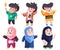 moslem kids picture collection many pose boys and girls various character wearing hijab scarf modern cartoon flat color