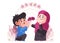 moslem man kneeling in propose by giving a bouquet of flower to purple hijab woman modern cartoon flat background vector