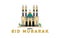 Mosque building illustration with a dome and four towers. Eid mubarak greeting text.
