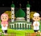 Mosque Building with Muslim Couple Kids Cartoon