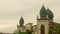 Mosque in cloudy days with green koobah and yellow ornament on the roof suitbe for ramadhan event and idul fitri