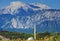 Mosque in a cornfield on a background of mountains. Turkey, Kirish.