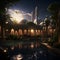 a mosque courtyard bathed in the gentle glow of the moonlight