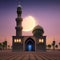 Mosque in the desert at night and a crescent moon appears