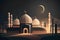 Mosque in the desert at night. Ramadan Kareem. Vector illustration