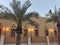 Mosque exterior with different windows , palm trees at dusk