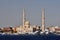 A mosque in Hurghada on the Red Sea. View from the deck of a pleasure boat.