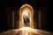 Mosque inside Islamic pattern interior door and window with Arabic lantern and ornaments.