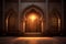 Mosque inside Islamic pattern interior door and window with Arabic lantern and ornaments.