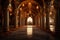 Mosque inside Islamic pattern interior door and window with Arabic lantern and ornaments.