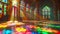 Mosque interior illuminated by sunlight through ornate windows