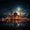 Mosque in the morning with a backdrop of the planet moon and clouds