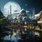 Mosque in the morning with a backdrop of the planet moon and clouds