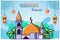 Mosque orange dome at Ramadan Kareem cartoon illustration