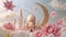 Mosque with pink flowers and golden moon, Ramadan