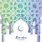 Mosque. Ramadan Kareem Greeting card with arabic arabesque Window. Crescent Moon. Space for text.