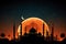 mosque sunset sky, holy and islamic night view and silhouette ramadan kareem generative ai