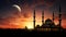 Mosque sunset sky, moon, holy night, islamic night and silhouette mosque, panaromic islamic wallpaper