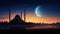 Mosque sunset sky, moon, holy night, islamic night and silhouette mosque, panaromic islamic wallpaper