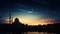 Mosque sunset sky, moon, holy night, islamic night and silhouette mosque, panaromic islamic wallpaper