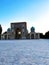 Mosque in Tashkent in Uzbekistan. Entrance. Stunning blue domes. Architectural landmarks. Wide area lined with stone