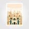 mosque vector poster. Middle Eastern cityscape. Mosque, towers, gates, mosaics