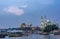 Mosque at Vizhingam port with boats and blue sky background