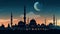 Mosques Dome on dark blue twilight sky and Crescent Moon on background.