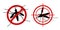 Mosquito warning signs. Informational red prohibited mosquito target, control insect, prevent epidemic, signaling stop