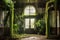 moss-covered brick entrance with hanging vines