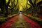 moss-covered stone pathway lined with vibrant japanese maple trees