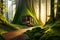 A moss-covered treehouse interior with soft, diffused
