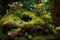 moss garden with blooming flowers and birds nest on tree trunk