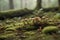 A mossy ground with tiny mushrooms in the background